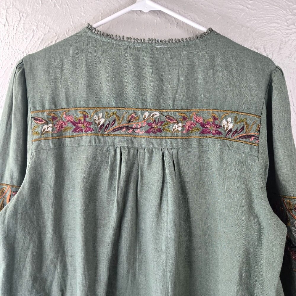 Sundance Boho Blouse Medium Dark Green Linen Floral Bird Embroidered Peasant Top - Picture 7 of 12